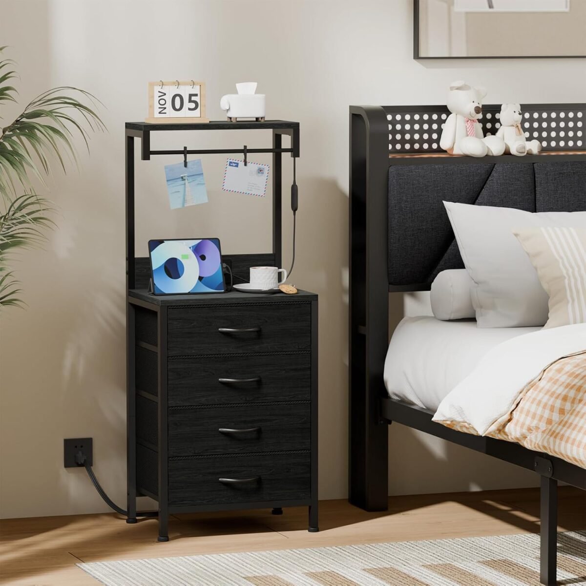 Furnulem Tall Nightstand with Charging Station, Night Stands with LED Lights and Storage Shelves, Bed Side Table for Bedroom, Hallway, Office, 4 Fabric Drawers (Black Oak) - Image 3