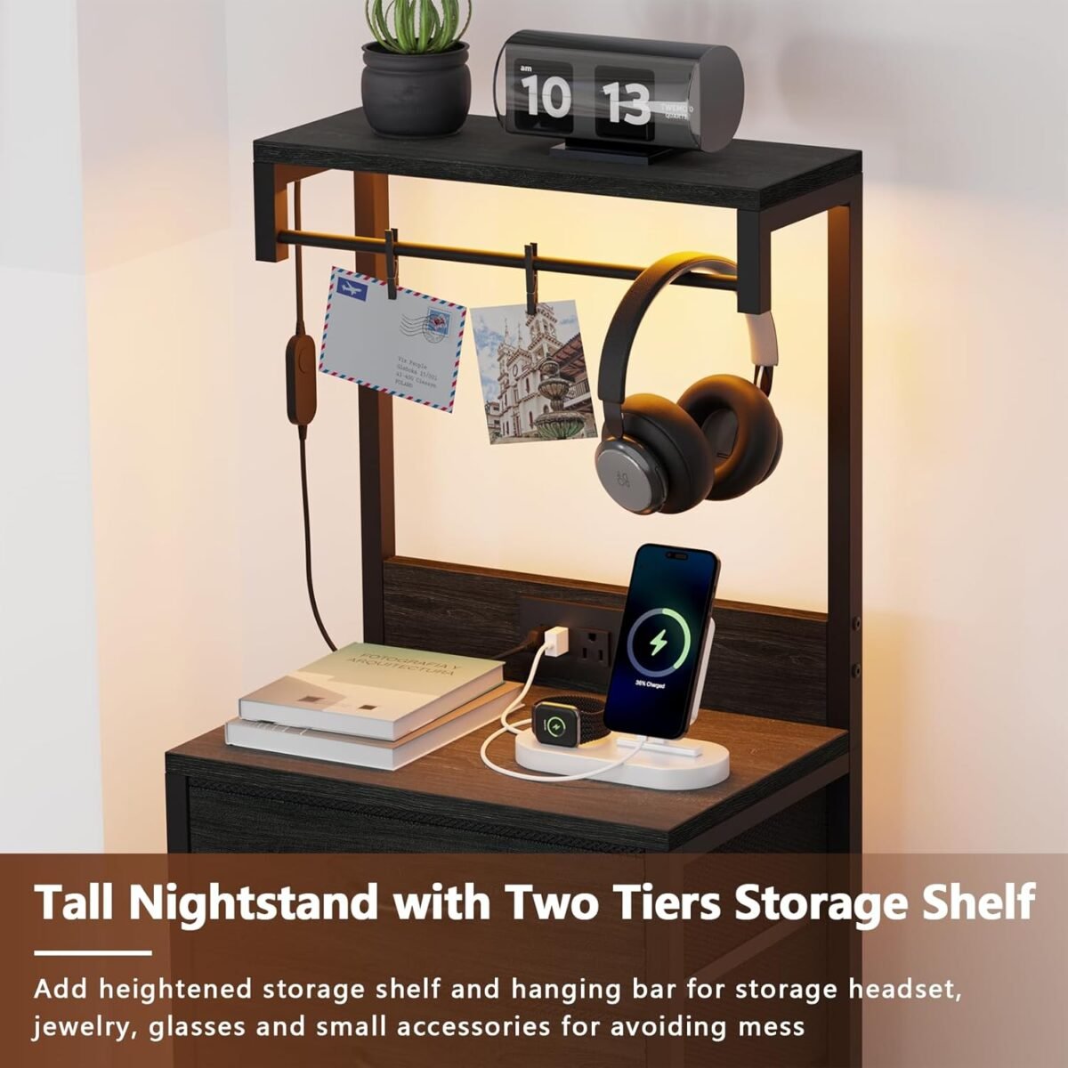 Furnulem Tall Nightstand with Charging Station, Night Stands with LED Lights and Storage Shelves, Bed Side Table for Bedroom, Hallway, Office, 4 Fabric Drawers (Black Oak) - Image 5