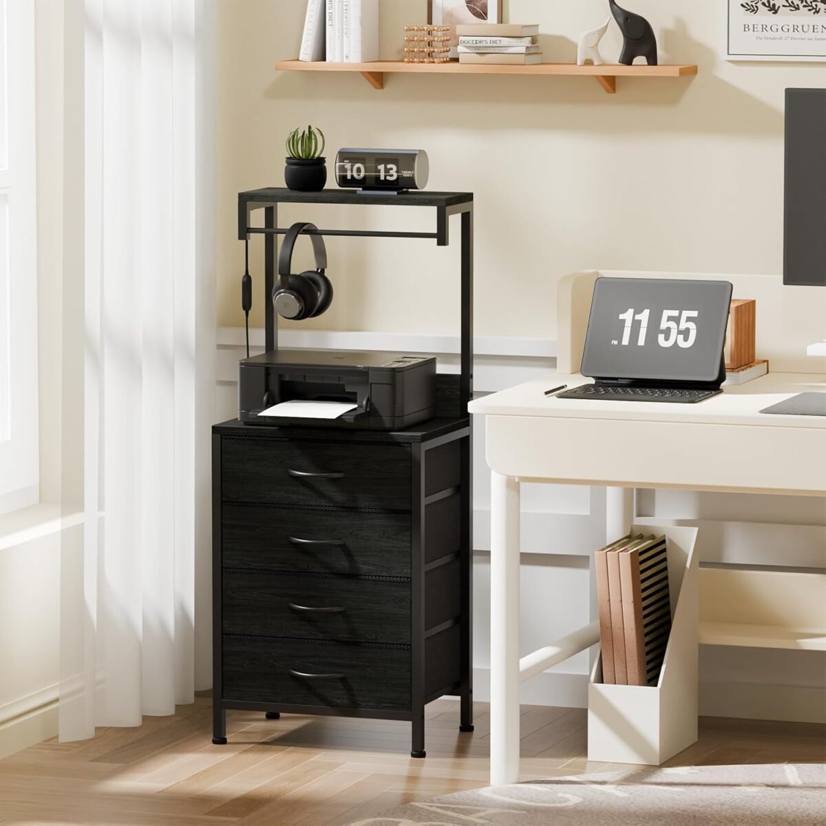 Furnulem Tall Nightstand with Charging Station, Night Stands with LED Lights and Storage Shelves, Bed Side Table for Bedroom, Hallway, Office, 4 Fabric Drawers (Black Oak) - Image 9