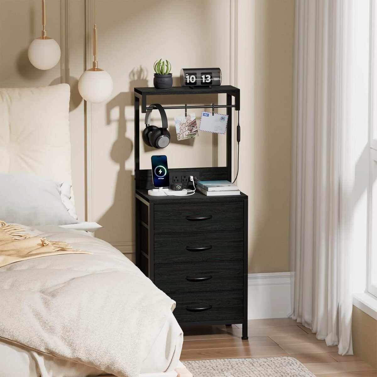 Furnulem Tall Nightstand with Charging Station, Night Stands with LED Lights and Storage Shelves, Bed Side Table for Bedroom, Hallway, Office, 4 Fabric Drawers (Black Oak) - Image 10