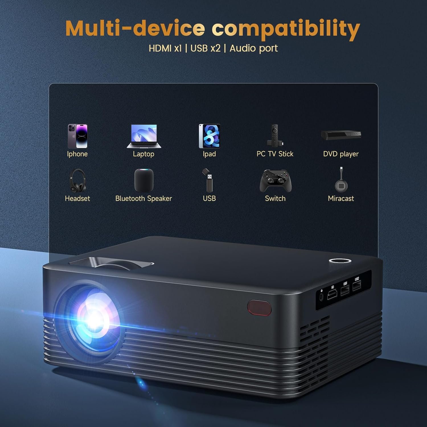 Mini Projector, 4K Portable Video Projector with WiFi & Bluetooth, Movie Projector Supports 8K with Android System, Auto Keystone Correction, 40"-200" Screen Video Projector, with HDMI2.0 Cable - Image 5
