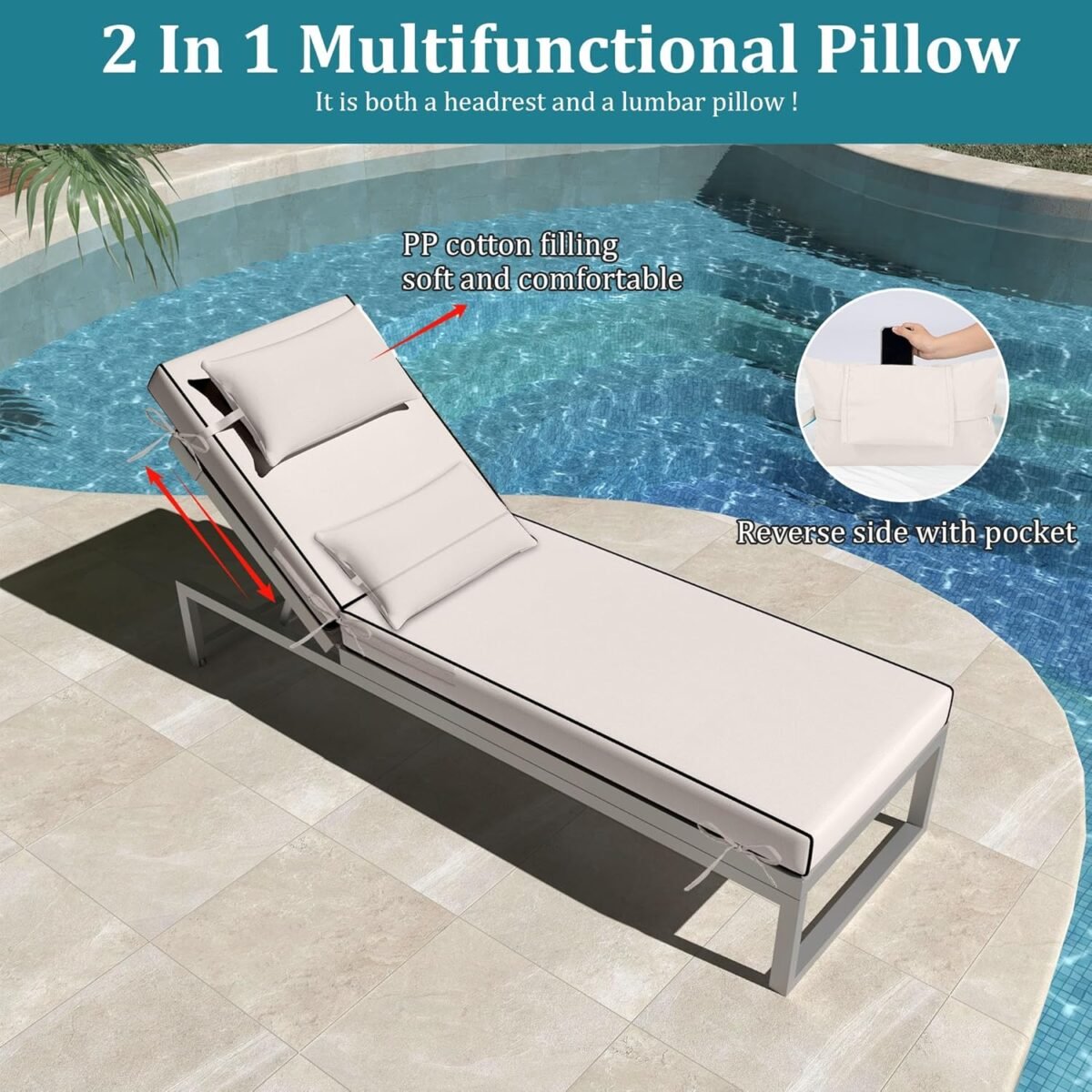 Outdoor Lounge Chair Cushions Set of 2, Pool Chaise Cushion with Pillow,Ties,Removable Cover, Waterproof Fade Resistant Lounge Chair Pads for Patio Deck Furniture, 72" X 21" X 3",Cream - Image 7