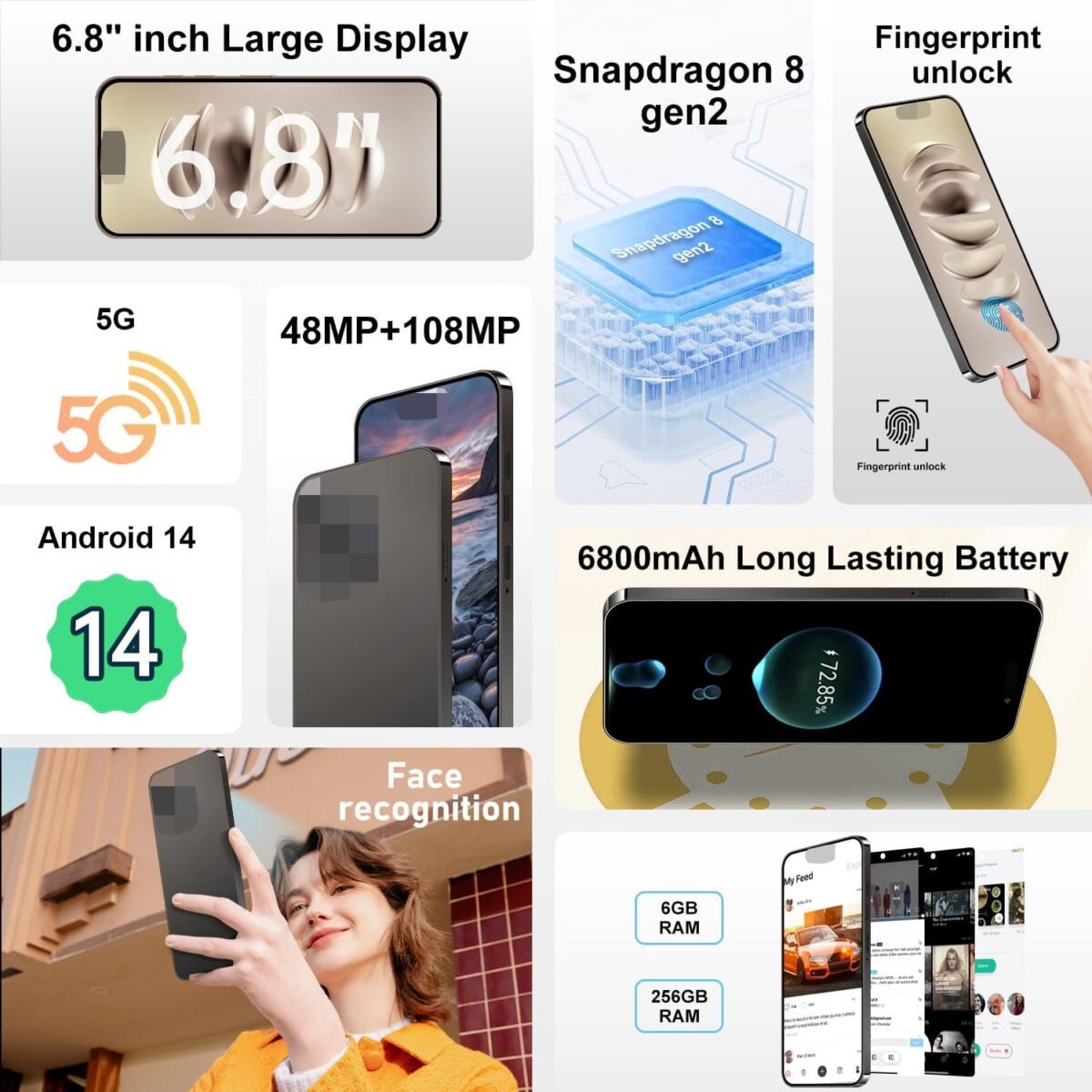 15PROMA X Smartphone,Android 13.0,Long Battery Life 6800mAh,6+256GB with 128GB Memory Card Cell Phone,6.7“ HD Screen,Dual SIM,5G/Face ID/Fingerprint Lock/GPS (Black) - Image 5
