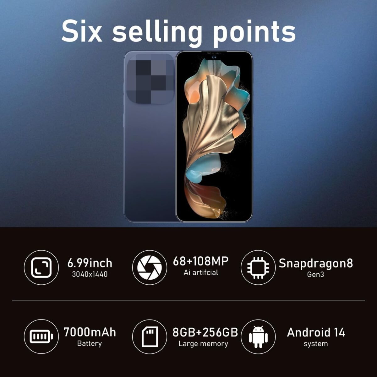 16PROMA X Unlocked Phone,8+256GB Smartphone, Android 14.0, Long Battery Life 7000mAh,6.99" Display 68+108MP Zoom Camera,with Dual SIM, Fingerprint Lock, Face ID (Deep Blue) - Image 4