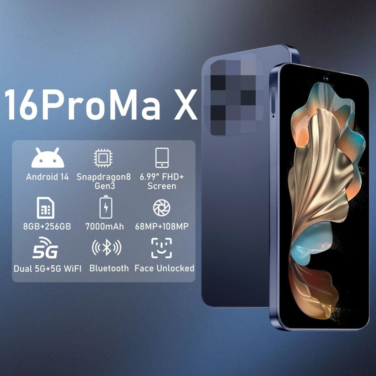 16PROMA X Unlocked Phone,8+256GB Smartphone, Android 14.0, Long Battery Life 7000mAh,6.99" Display 68+108MP Zoom Camera,with Dual SIM, Fingerprint Lock, Face ID (Deep Blue) - Image 6