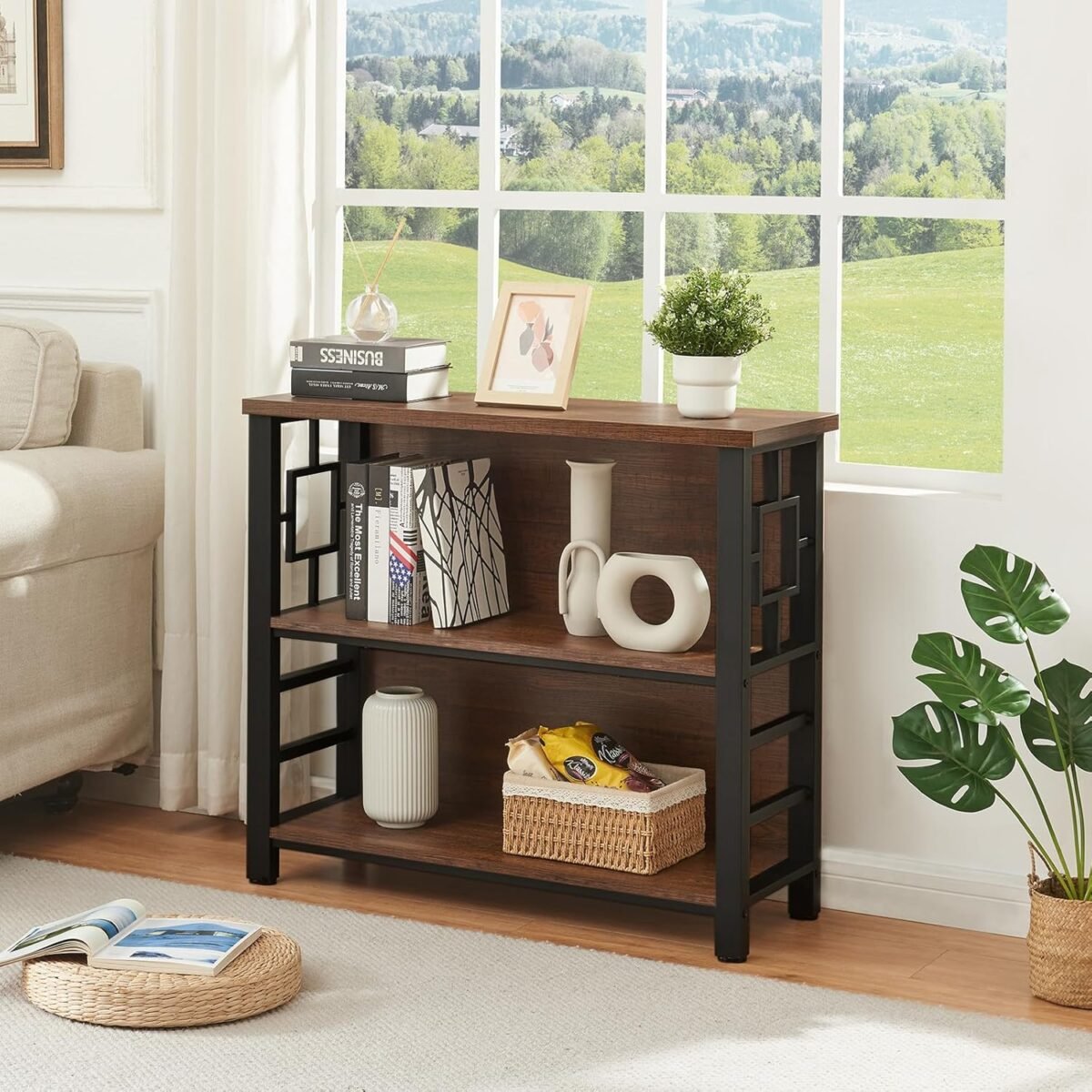 HOMISSUE Book Shelf, 3 Tier Deep Bookshelf with Storage, Engineered Wood and Metal Shelf Bookcase, Low Short Bookcases for Small Space, Living Room, Bedroom, Office, Rustic Brown - Image 4