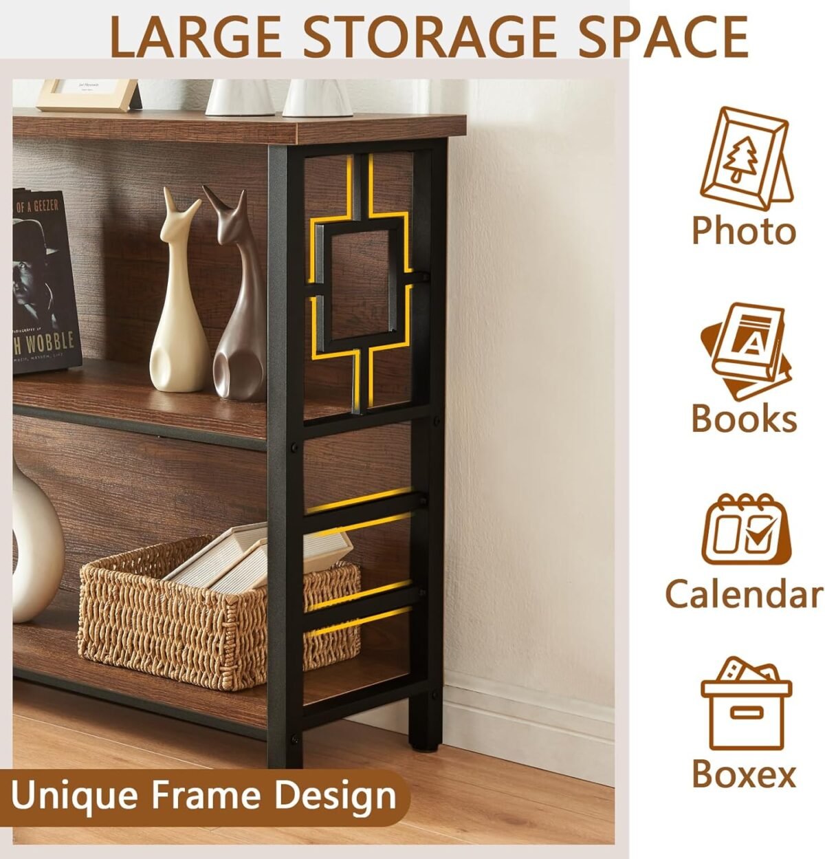 HOMISSUE Book Shelf, 3 Tier Deep Bookshelf with Storage, Engineered Wood and Metal Shelf Bookcase, Low Short Bookcases for Small Space, Living Room, Bedroom, Office, Rustic Brown - Image 5