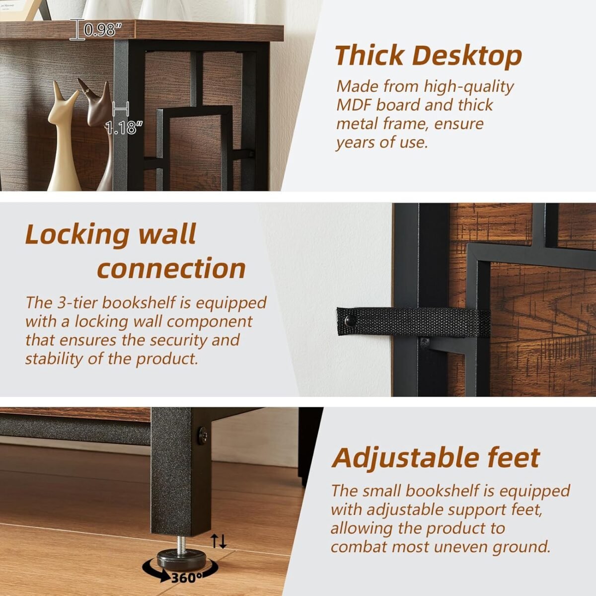 HOMISSUE Book Shelf, 3 Tier Deep Bookshelf with Storage, Engineered Wood and Metal Shelf Bookcase, Low Short Bookcases for Small Space, Living Room, Bedroom, Office, Rustic Brown - Image 6