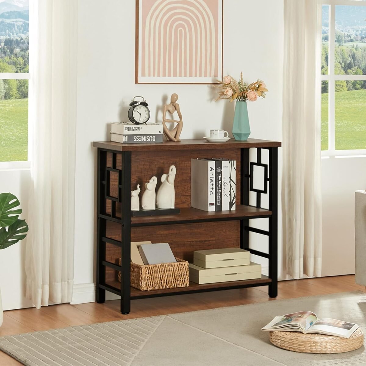 HOMISSUE Book Shelf, 3 Tier Deep Bookshelf with Storage, Engineered Wood and Metal Shelf Bookcase, Low Short Bookcases for Small Space, Living Room, Bedroom, Office, Rustic Brown - Image 8