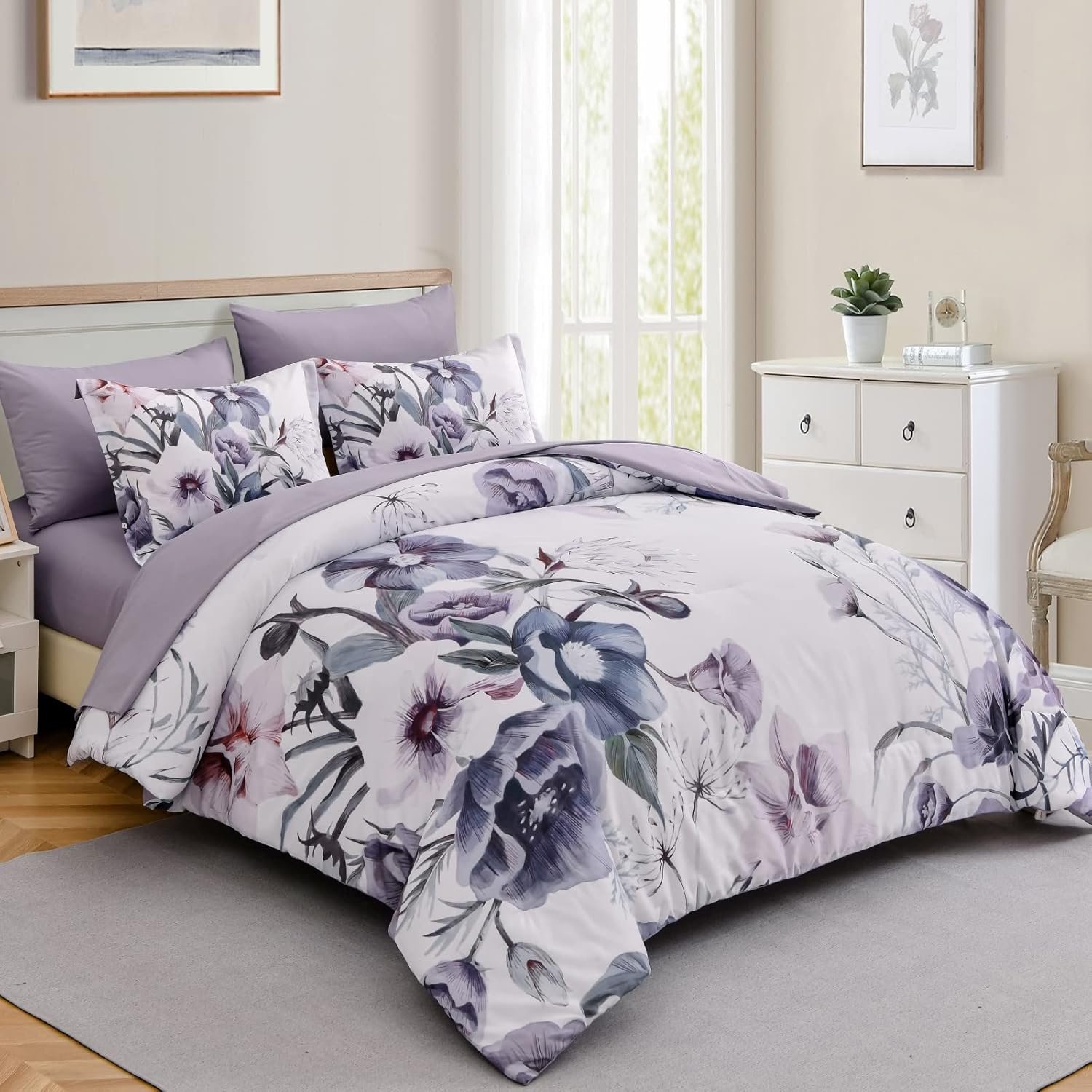 Luxudecor Floral Comforter Set Queen Size 7 Piece, Purple Flower Bed in a Bag, Elegant Floral Comforter with Sheet Set, Soft Microfiber Bedding Set for All Season (Purple, 90"x90") - Image 3