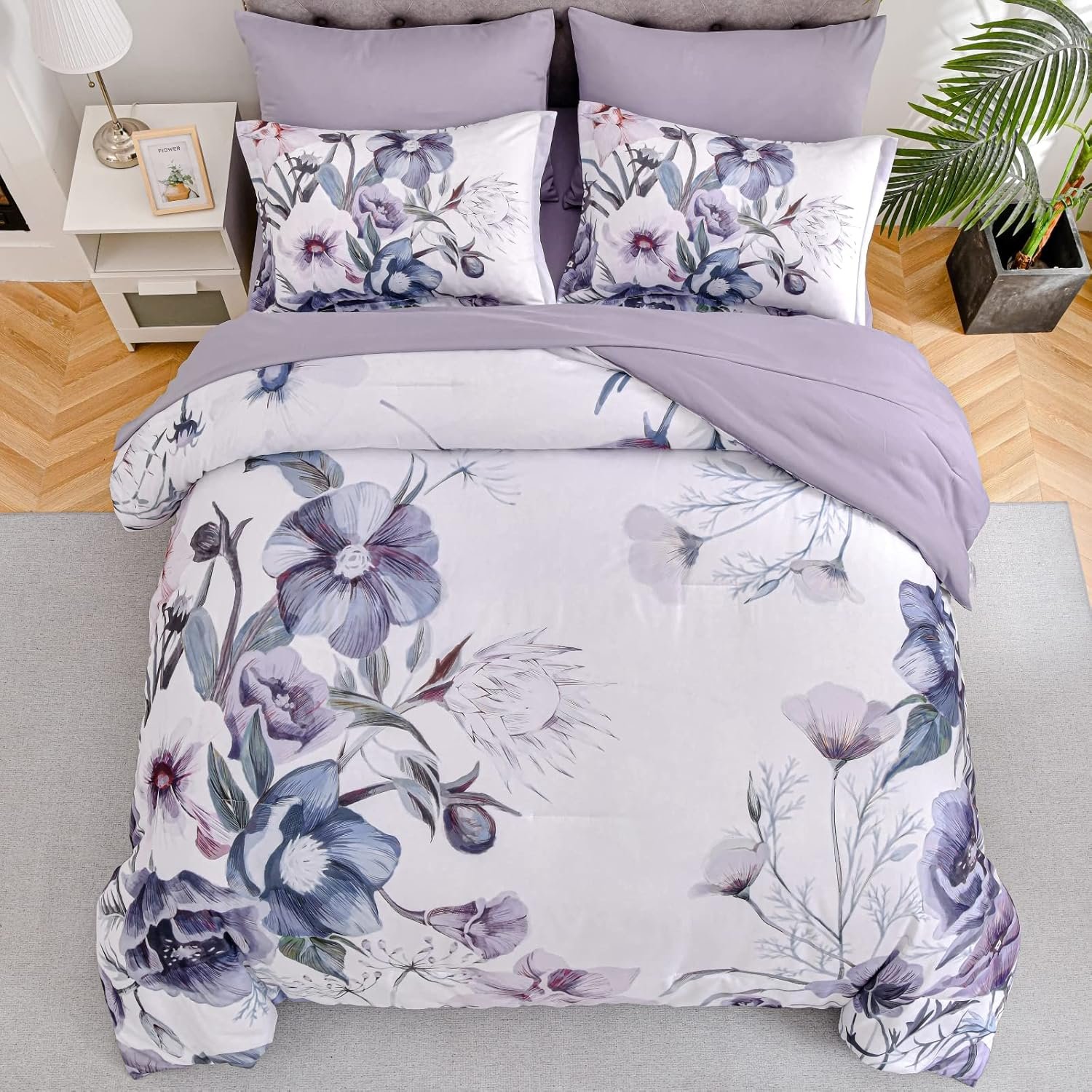 Luxudecor Floral Comforter Set Queen Size 7 Piece, Purple Flower Bed in a Bag, Elegant Floral Comforter with Sheet Set, Soft Microfiber Bedding Set for All Season (Purple, 90"x90") - Image 4