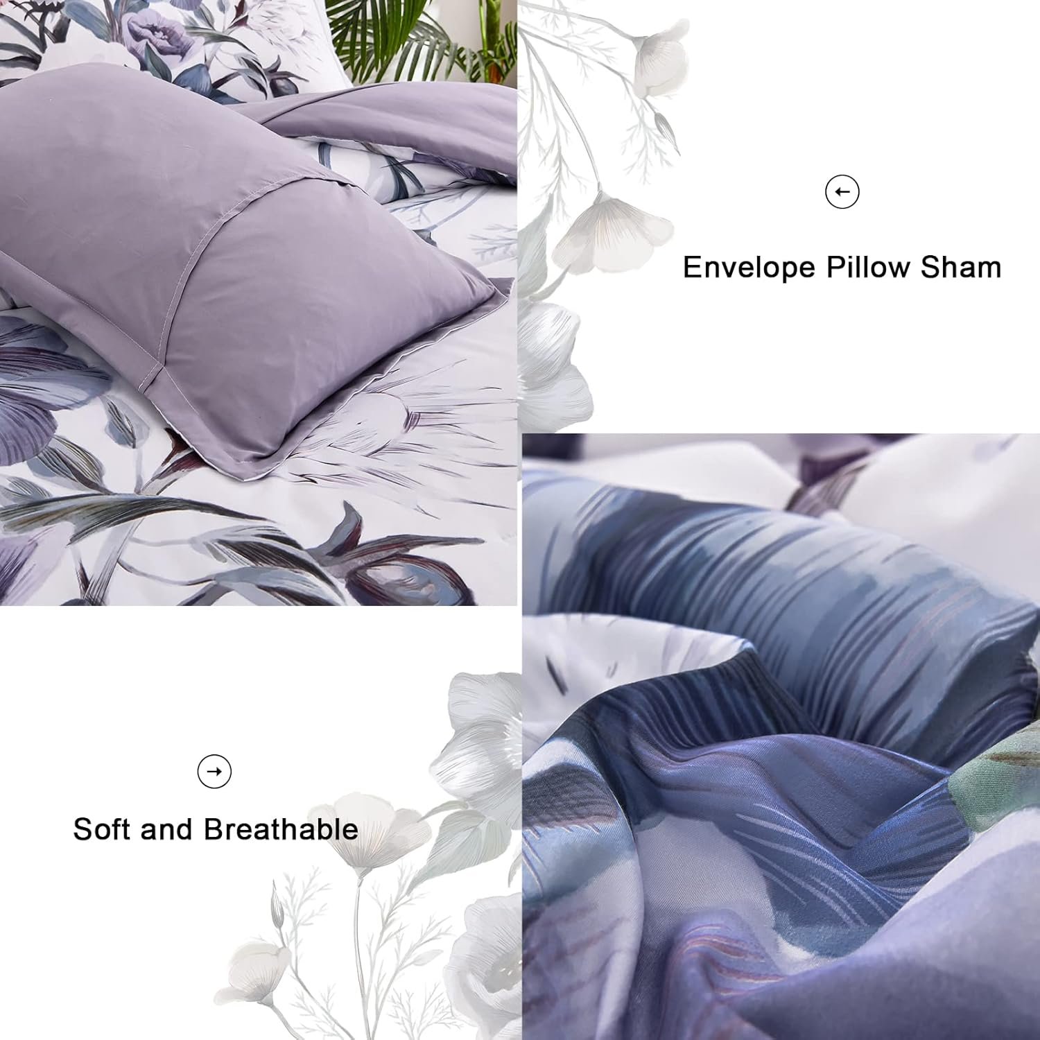 Luxudecor Floral Comforter Set Queen Size 7 Piece, Purple Flower Bed in a Bag, Elegant Floral Comforter with Sheet Set, Soft Microfiber Bedding Set for All Season (Purple, 90"x90") - Image 5