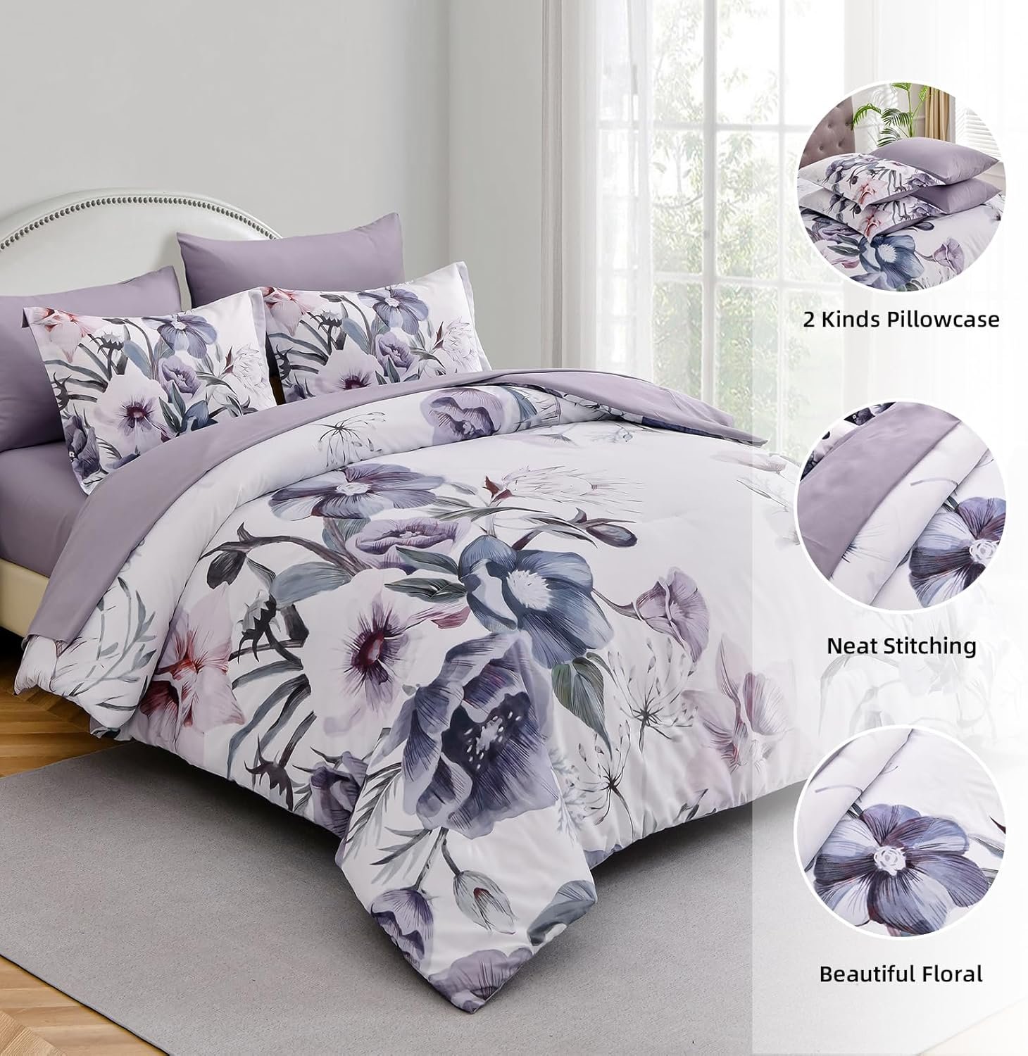 Luxudecor Floral Comforter Set Queen Size 7 Piece, Purple Flower Bed in a Bag, Elegant Floral Comforter with Sheet Set, Soft Microfiber Bedding Set for All Season (Purple, 90"x90") - Image 7