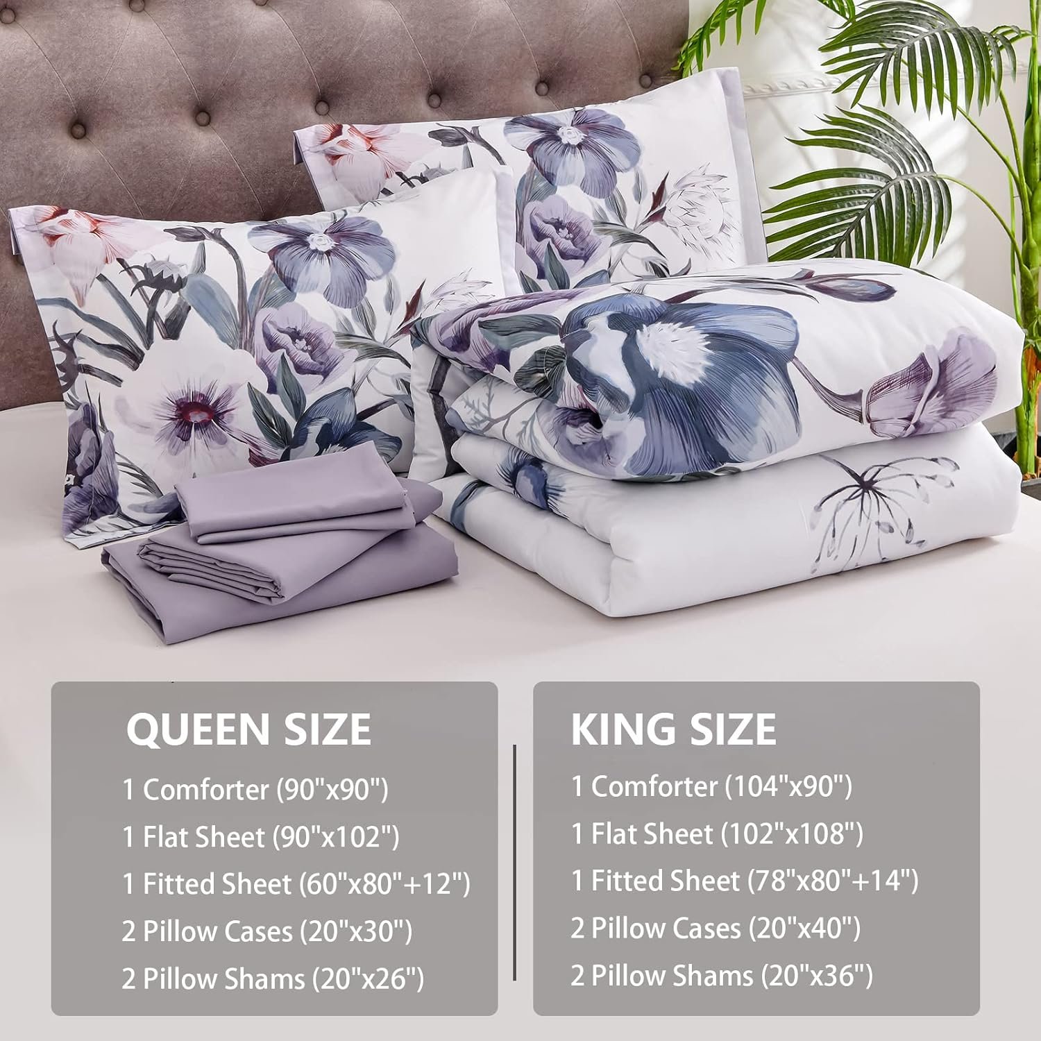 Luxudecor Floral Comforter Set Queen Size 7 Piece, Purple Flower Bed in a Bag, Elegant Floral Comforter with Sheet Set, Soft Microfiber Bedding Set for All Season (Purple, 90"x90") - Image 8