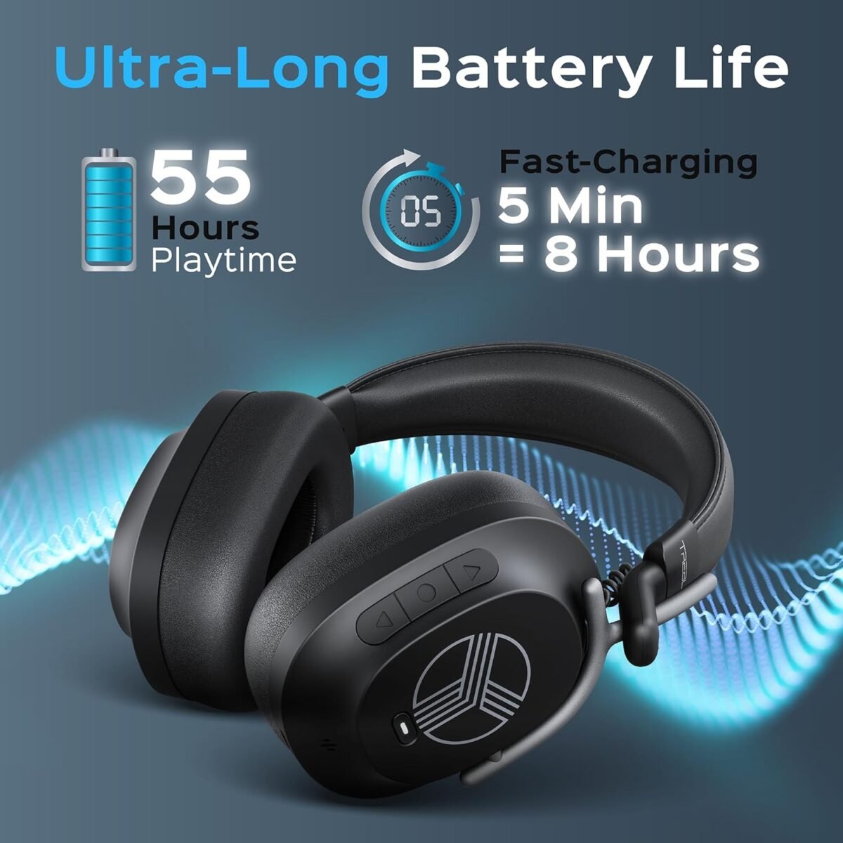 TREBLAB U5 - Hybrid Active Noise Cancelling Headphones Over-Ear Bluetooth 5.3, 55H Battery, Deep Bass, Multipoint, IPX4, Foldable, Mic for Calls, Wireless Headphones Foldable for Travel, Gym, Work - Image 6