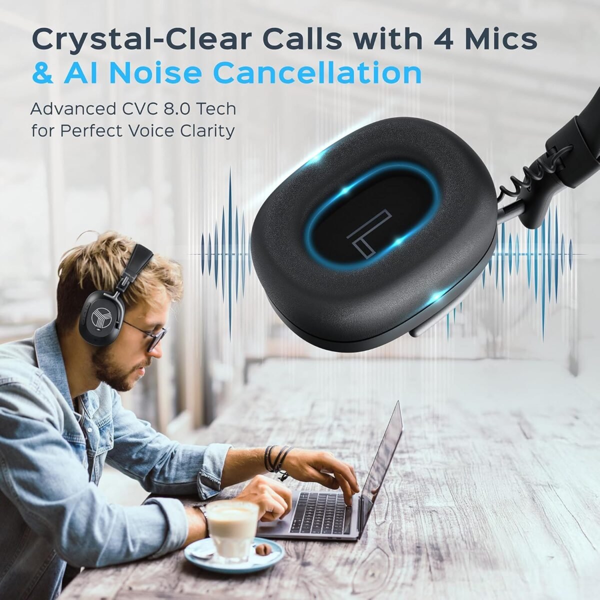 TREBLAB U5 - Hybrid Active Noise Cancelling Headphones Over-Ear Bluetooth 5.3, 55H Battery, Deep Bass, Multipoint, IPX4, Foldable, Mic for Calls, Wireless Headphones Foldable for Travel, Gym, Work - Image 7
