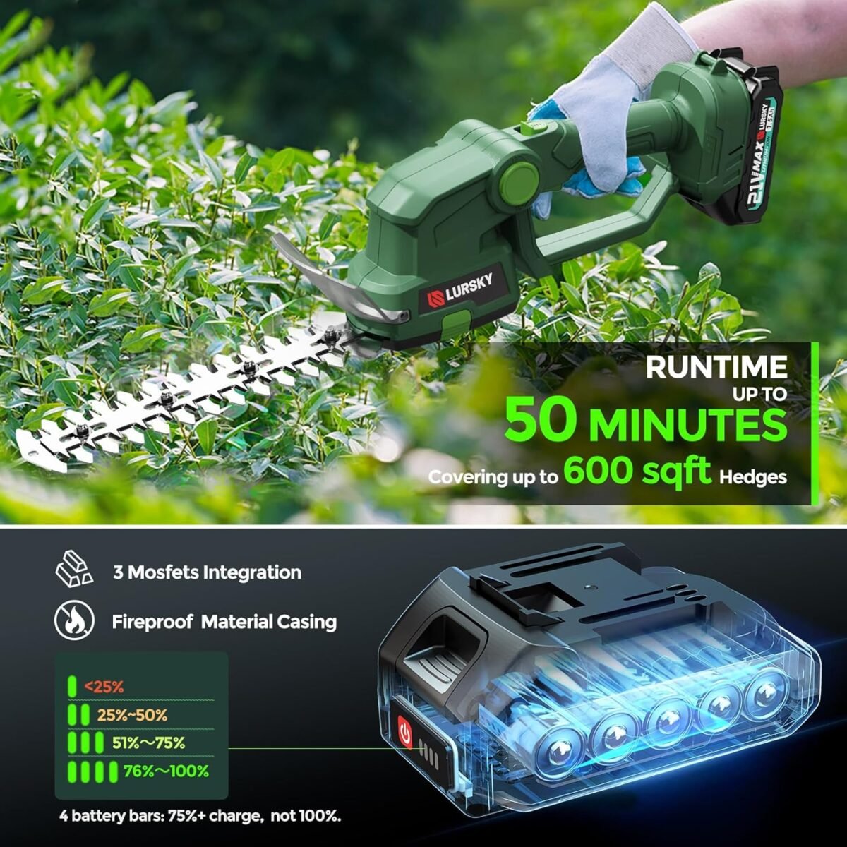 Cordless Hedge Trimmer with Battery - 2-in-1 21V Grass Shears Handheld, Electric Shrub Trimmer Kit for Garden, Yard and Lawn, Charger Included (Forest Green) - Image 4