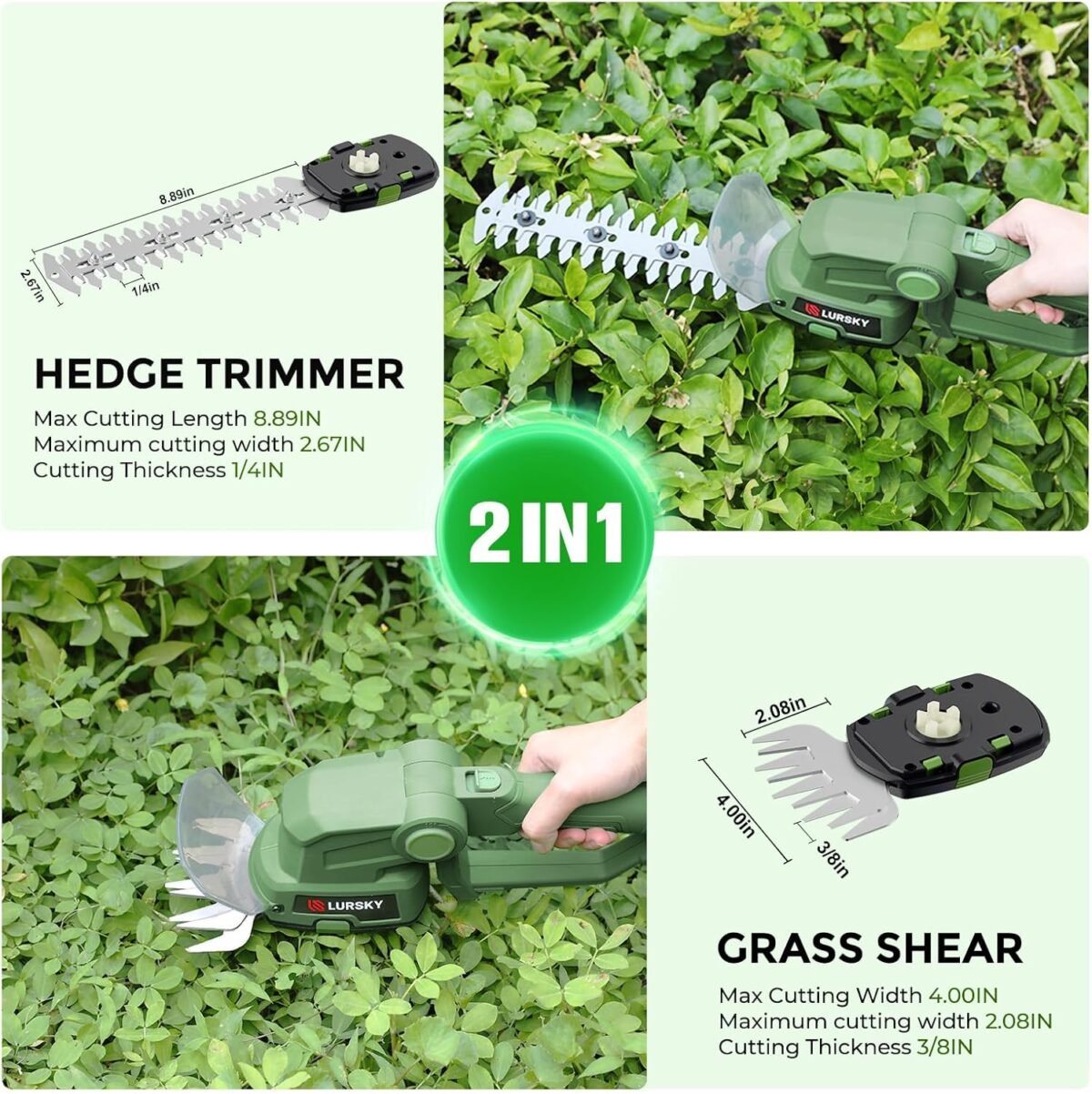 Cordless Hedge Trimmer with Battery - 2-in-1 21V Grass Shears Handheld, Electric Shrub Trimmer Kit for Garden, Yard and Lawn, Charger Included (Forest Green) - Image 9