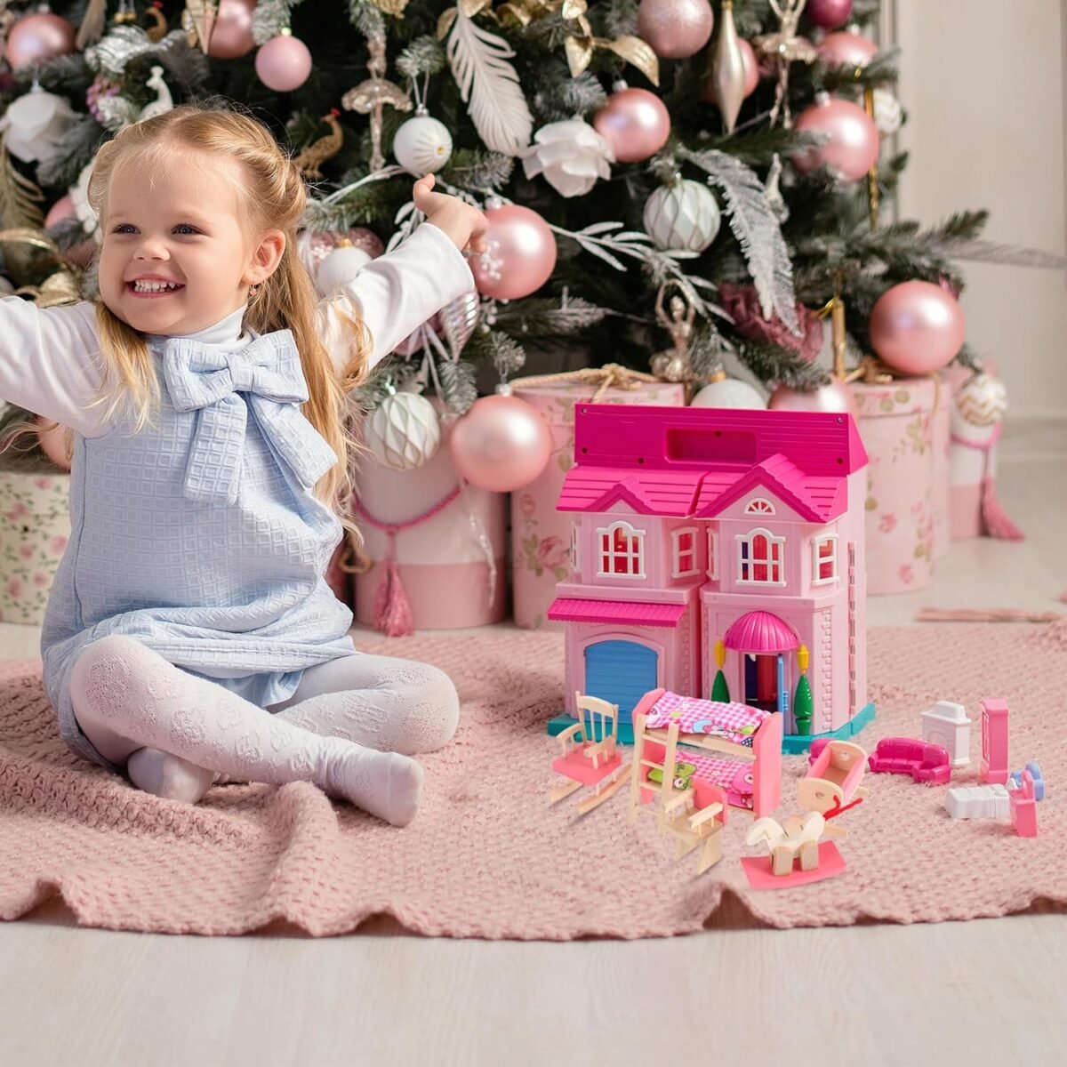 1:12 Scale Wood Bunk Bed Dollhouse Furniture Setith Ladder and Rocking Horse, DIY Miniature Accessories for Dollhouse Bedroom Decoration - Image 3