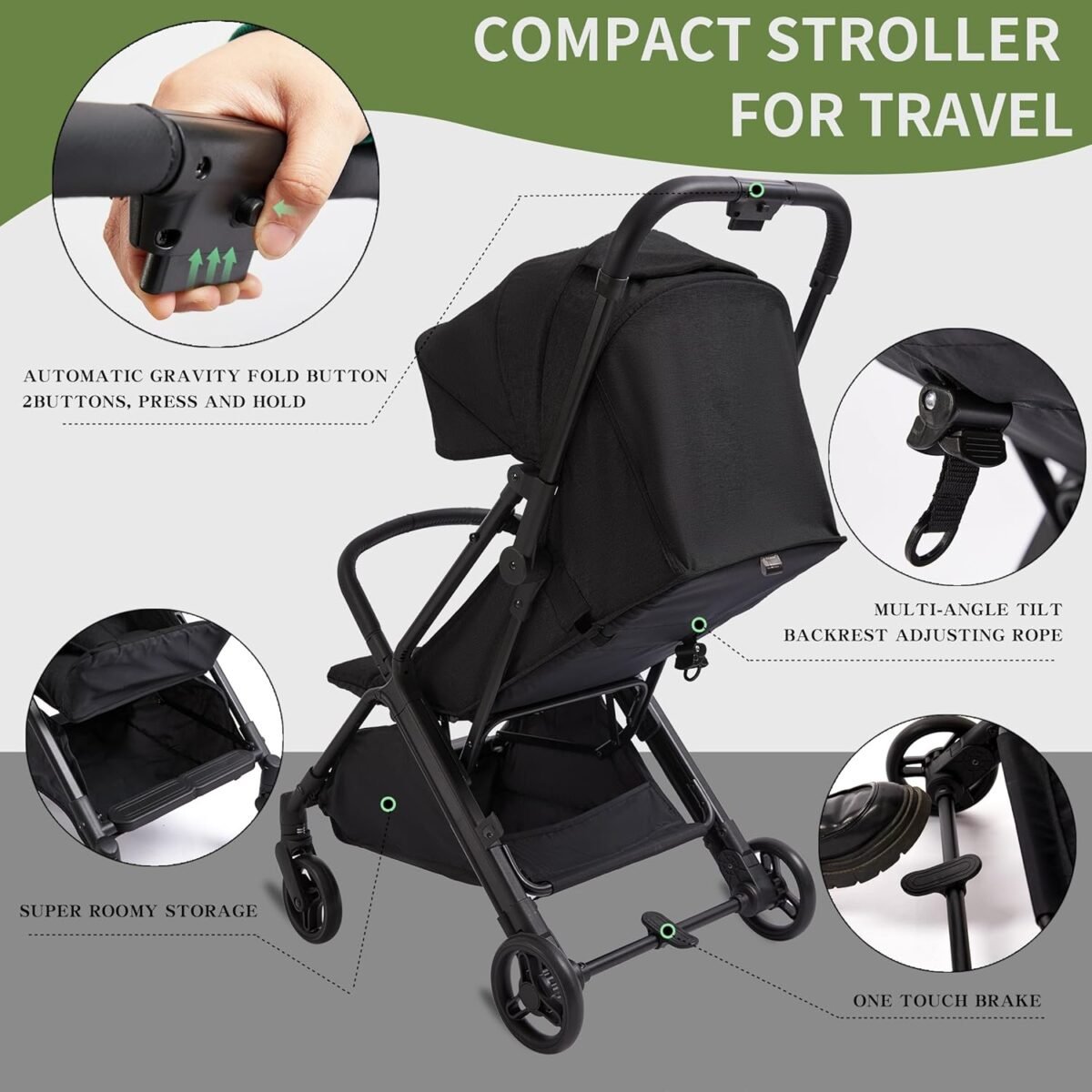 COOL KIDS Travel Stroller， Umbrella Stroller with Automatic Fold,Baby Strollers with Pop Out Sun Canopy,Baby Airplane Travel Essentials(Black) - Image 6
