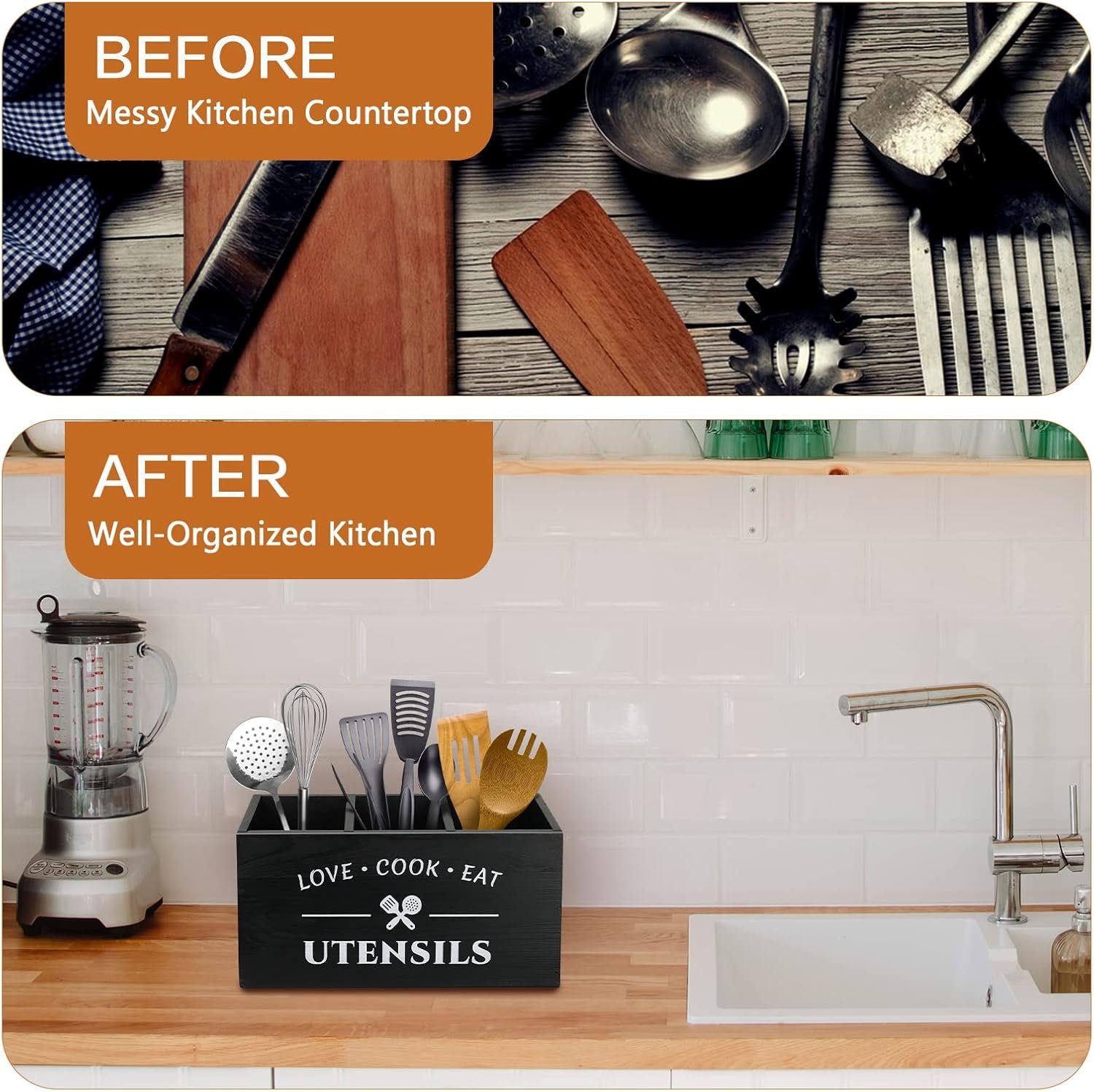 Kitchen Utensil Holder with 3 Compartments, Rustic Wooden Storage Organizer Box Vintage Cutlery Farmhouse Flatware Utensil Caddy Countertop for Silverware Fork Spoon Spatula - Image 5