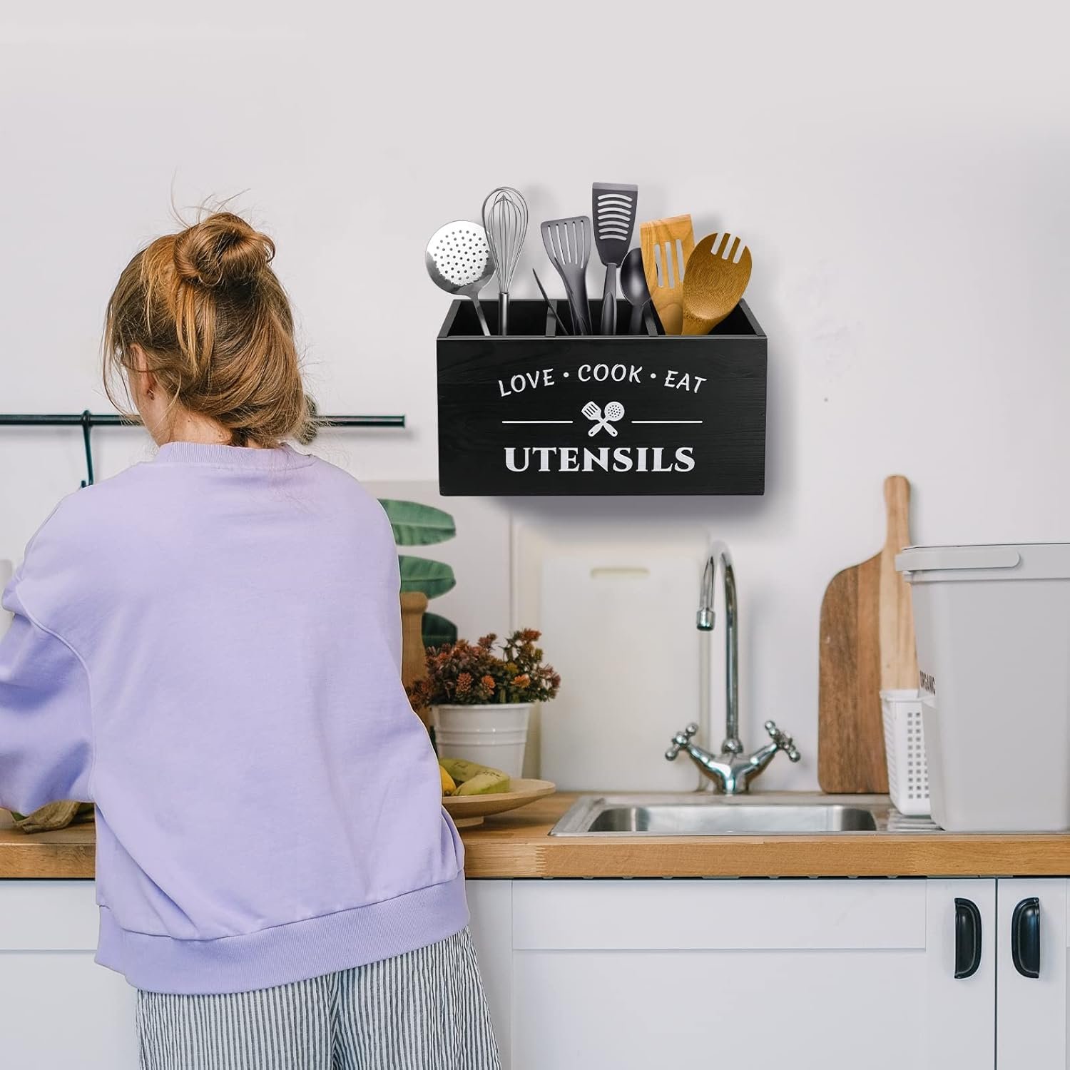 Kitchen Utensil Holder with 3 Compartments, Rustic Wooden Storage Organizer Box Vintage Cutlery Farmhouse Flatware Utensil Caddy Countertop for Silverware Fork Spoon Spatula - Image 6