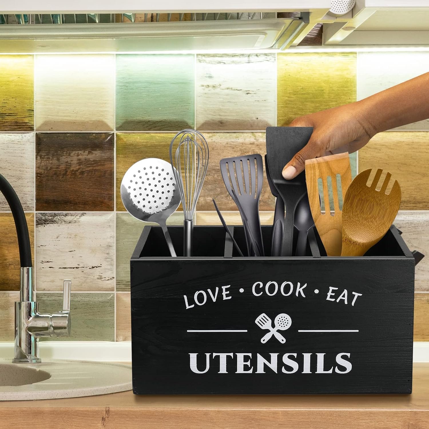 Kitchen Utensil Holder with 3 Compartments, Rustic Wooden Storage Organizer Box Vintage Cutlery Farmhouse Flatware Utensil Caddy Countertop for Silverware Fork Spoon Spatula - Image 7