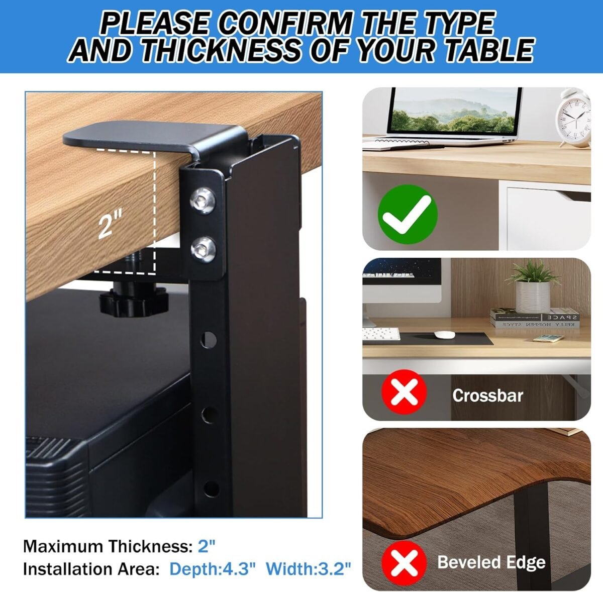 Adjustable Clamp Mount on Desk for PC Tower - No Drilling, Height Adjustable from 13.2" to 21.6", Width Adjustable from 5.5" to 9.8", Heavy Duty Under Desk Computer Mount, Computer Mount for Desk - Image 3