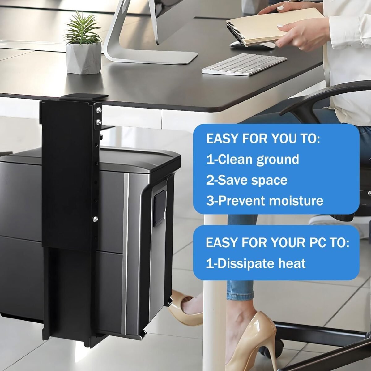 Adjustable Clamp Mount on Desk for PC Tower - No Drilling, Height Adjustable from 13.2" to 21.6", Width Adjustable from 5.5" to 9.8", Heavy Duty Under Desk Computer Mount, Computer Mount for Desk - Image 7