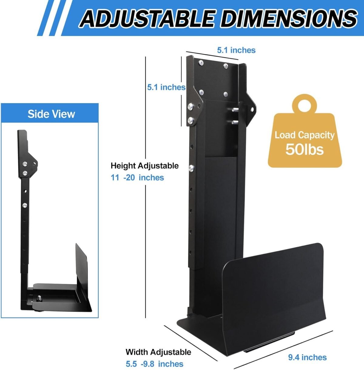 Adjustable Clamp Mount on Desk for PC Tower - No Drilling, Height Adjustable from 13.2" to 21.6", Width Adjustable from 5.5" to 9.8", Heavy Duty Under Desk Computer Mount, Computer Mount for Desk - Image 10