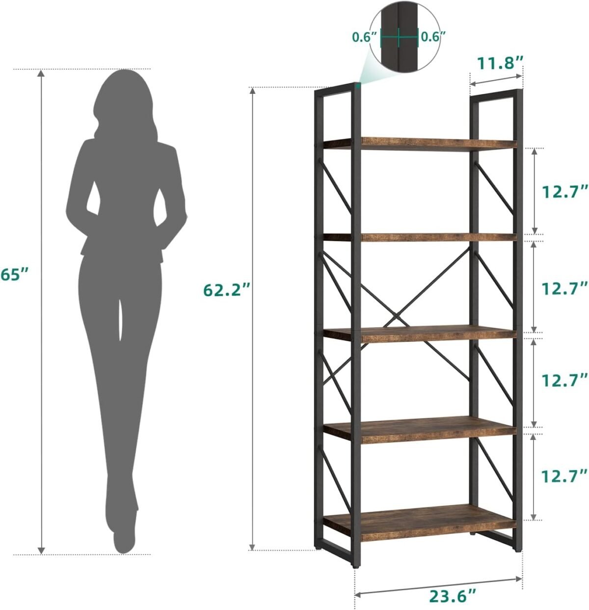 YITAHOME 5 Tiers Bookshelf, Artsy Modern Bookcase, Storage Rack Shelves Books Holder Organizer for Movies in Living Room/Home/Office - Rustic Brown - Image 3