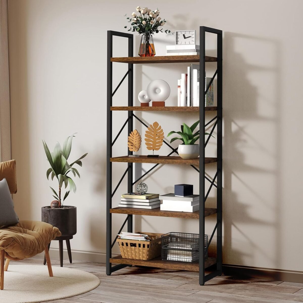 YITAHOME 5 Tiers Bookshelf, Artsy Modern Bookcase, Storage Rack Shelves Books Holder Organizer for Movies in Living Room/Home/Office - Rustic Brown - Image 4