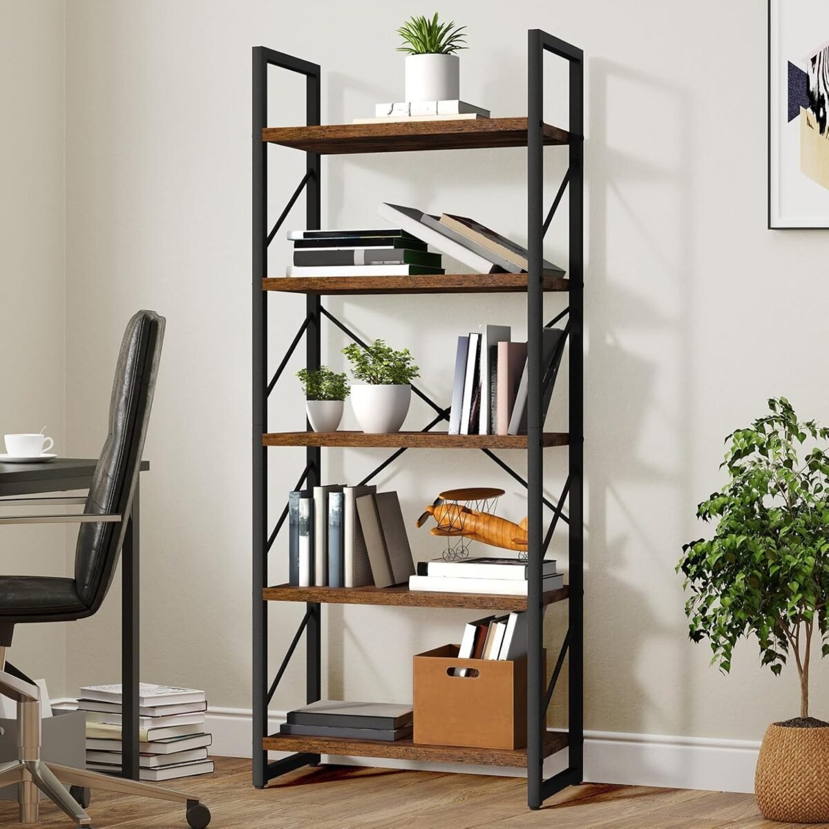 YITAHOME 5 Tiers Bookshelf, Artsy Modern Bookcase, Storage Rack Shelves Books Holder Organizer for Movies in Living Room/Home/Office - Rustic Brown - Image 5