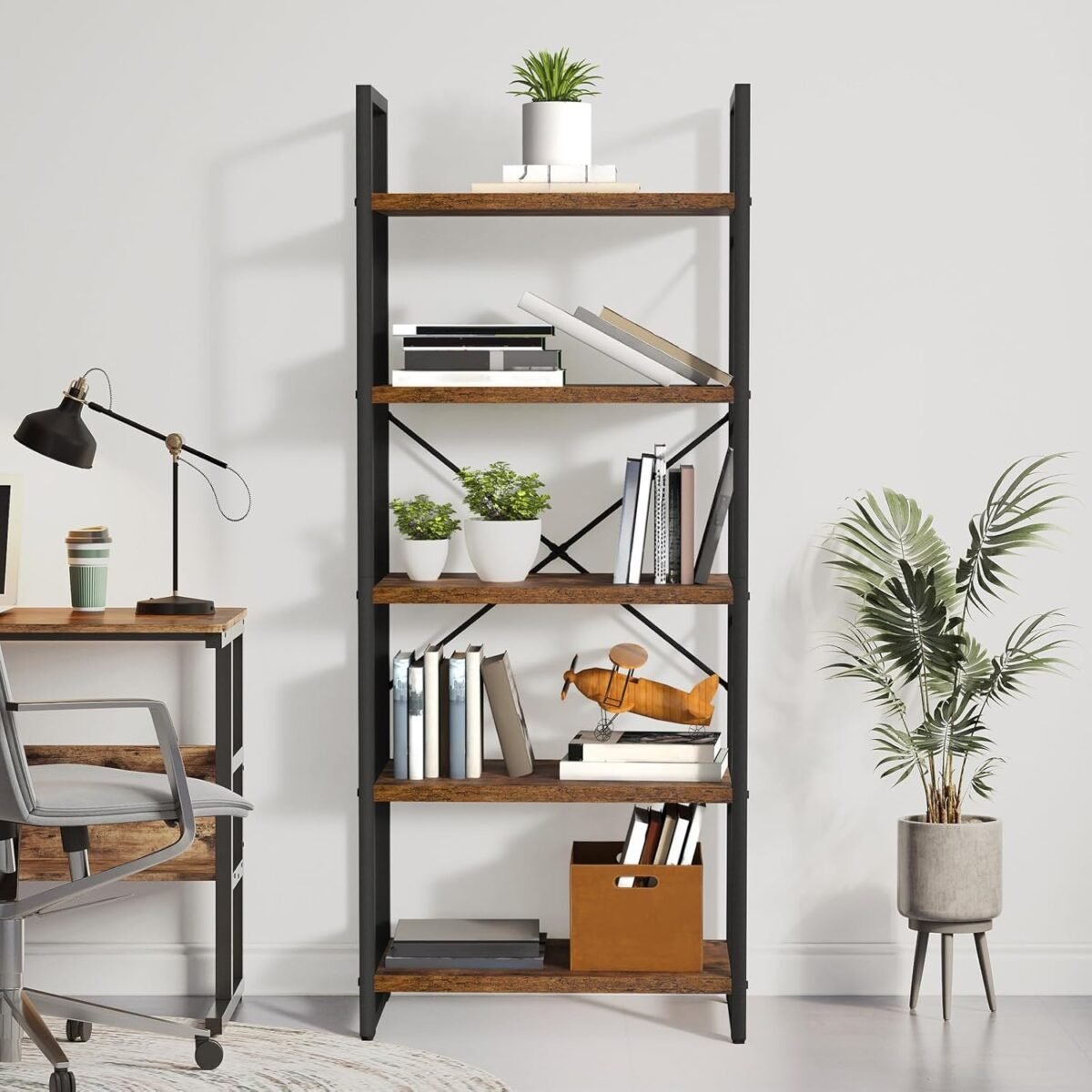 YITAHOME 5 Tiers Bookshelf, Artsy Modern Bookcase, Storage Rack Shelves Books Holder Organizer for Movies in Living Room/Home/Office - Rustic Brown - Image 6