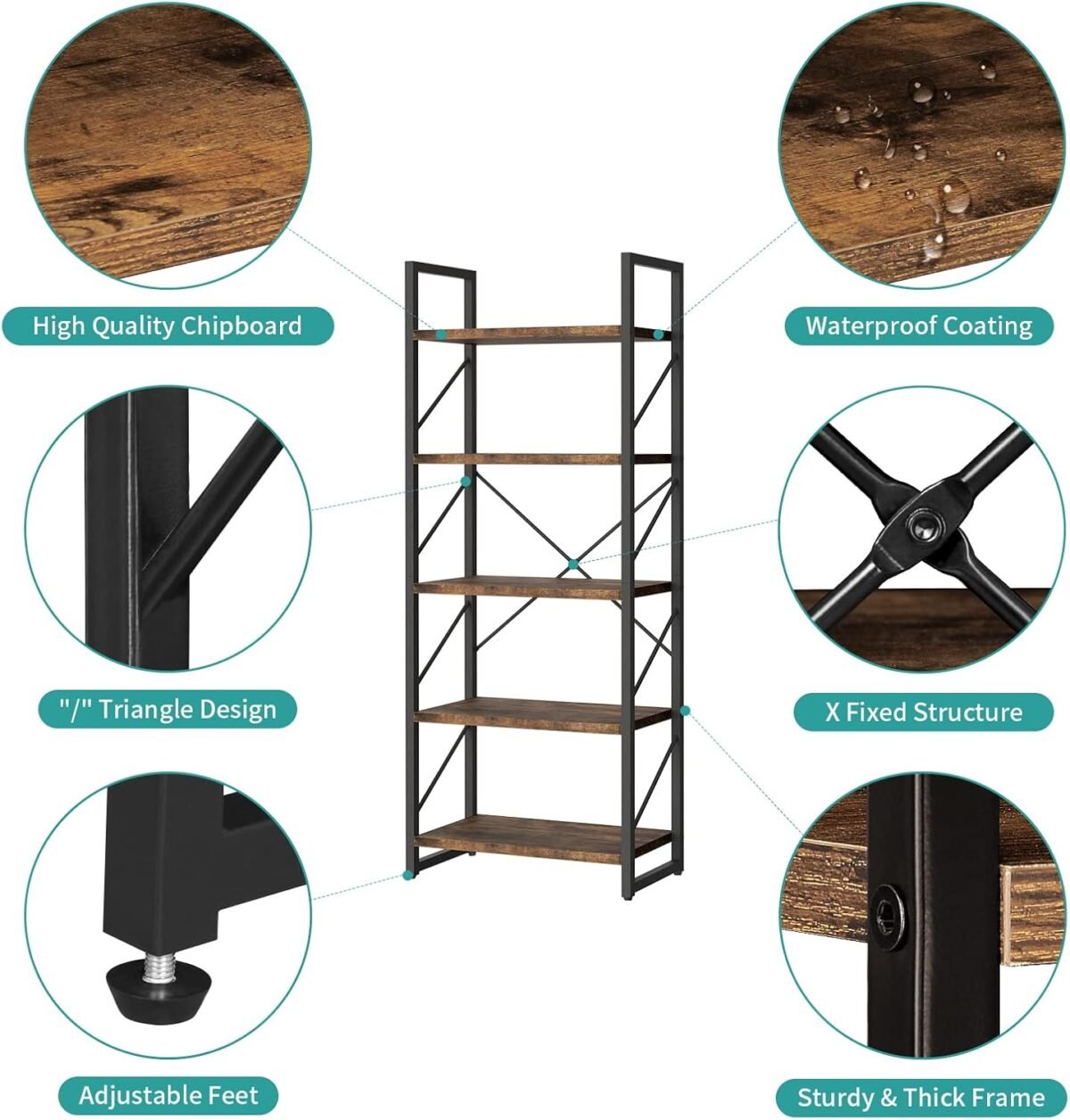 YITAHOME 5 Tiers Bookshelf, Artsy Modern Bookcase, Storage Rack Shelves Books Holder Organizer for Movies in Living Room/Home/Office - Rustic Brown - Image 8