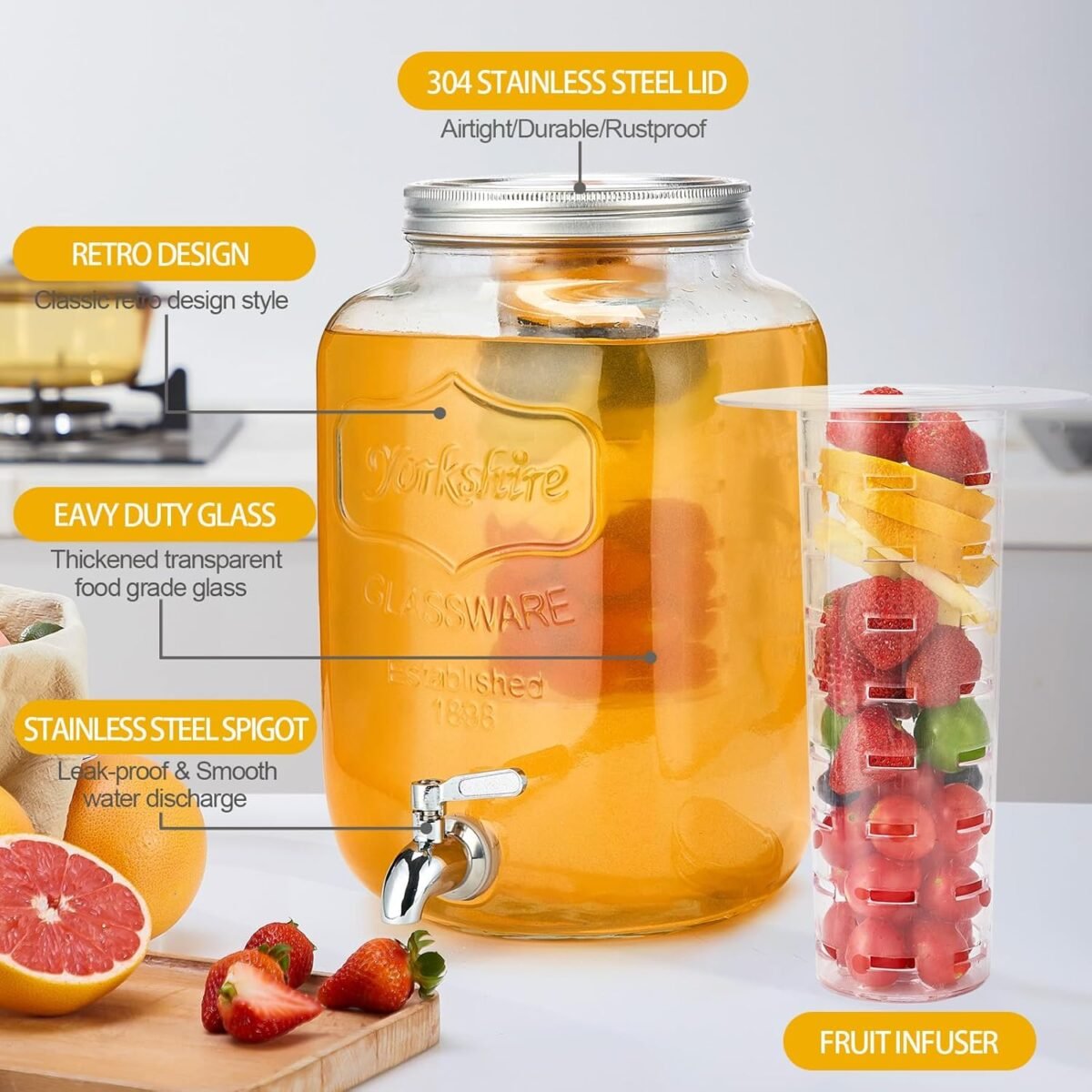 2 Gallon Glass Beverage Dispenser with Stand & Fruit Infuser, Stainless Steel Spigot - Glass Drink Dispensers for Parties, Drink Dispensers with Lids for Lemonade Sun Tea - Image 4