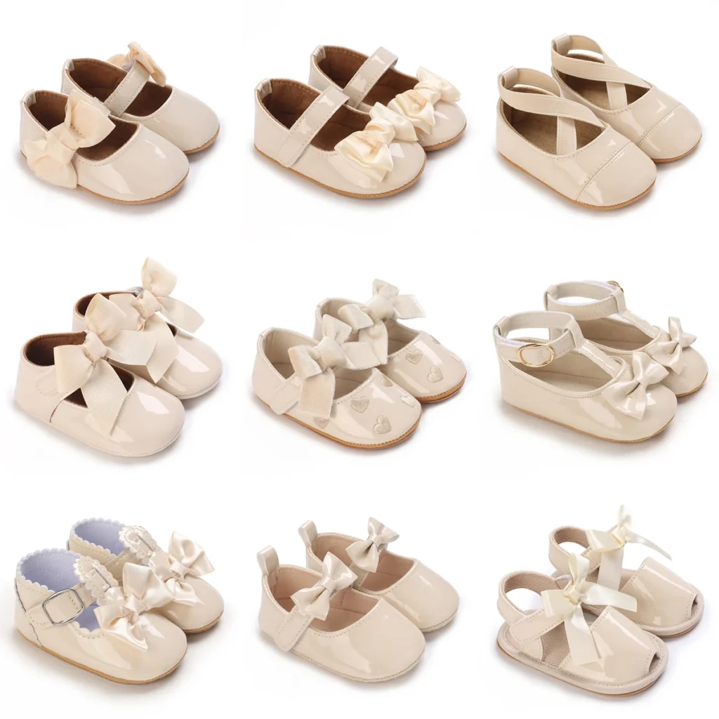 Newborn Apricot Soft and Sweet Princess Shoes for 0-1 Year Old Girl with Bow and Adhesive Sole Outdoor Anti slip Walking Shoes 1