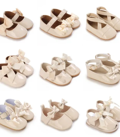 Newborn Apricot Soft and Sweet Princess Shoes for 0-1 Year Old Girl with Bow and Adhesive Sole Outdoor Anti slip Walking Shoes 1
