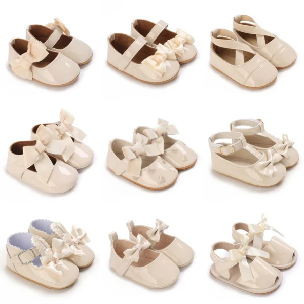 Newborn Apricot Soft and Sweet Princess Shoes for 0-1 Year Old Girl with Bow and Adhesive Sole Outdoor Anti slip Walking Shoes