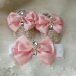 Dollbling Baroque Pink Rhinestones Baby Girl Shoes First Walker Headband Set Sparkle Crystals Princess Shoes Baby Shower SH3