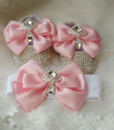 Dollbling Baroque Pink Rhinestones Baby Girl Shoes First Walker Headband Set Sparkle Crystals Princess Shoes Baby Shower SH3 1