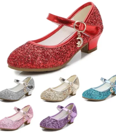 Girls Shoes Children High Heel Glitter Crystal Sandals Fashion Buckle Kids Princess Dance Shoe Student Performance Leather Shoes 1