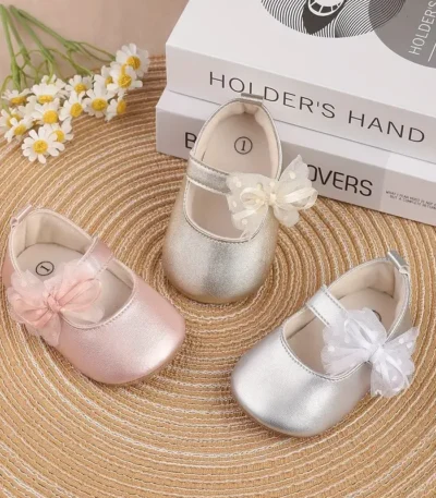 New Girl's Shoes With PU Butterfly Knot Magic Tape Design Flat Casual Fashion Mary Jane Princess Shoes Suitable For Babies 1