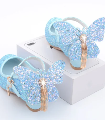 New Kids Leather Shoes Fashion Fringed Butterfly Knot Girls Princess Shoes Casual Glitter Children High Heel Student Dance Shoes 1
