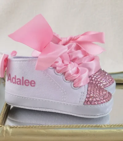 Pink Personalized Name Baby Shoes Boy Girl First Walking Nursery Deco Glitter Customized Baby Shower Sneakers 1