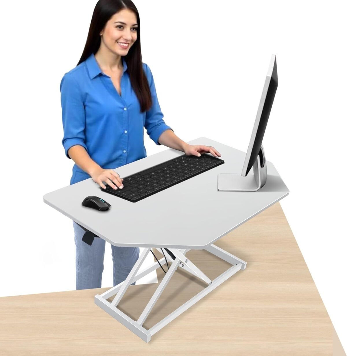 32 inch White Corner Height Adjustable Standing Desk Converter, One-Click Sit to Stand up Desk Riser, Pre-Assembled Dual Monitor and Laptop Workstation - Image 2