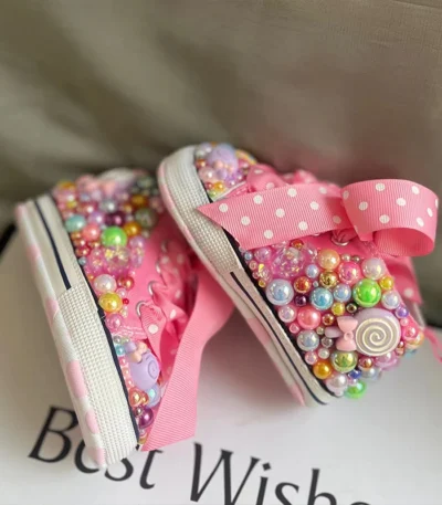 Random Lollipop Candy First Walking Canvas Baby Infant Shoes Soft Sole Sneakers For Girl Birthday Party Handmade Bling Shoes 1