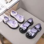 Kids’Sandals Kuromi PU Leather Bow Flat Spring Shoes For Girls Anti-slip Soft Thick Bottom White Black Shoes Size 26-36