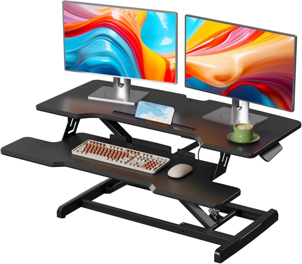 35 standing desk converter height adjustable desktop riser with keyboard tray for two monitors sit to stand up computer workstation for home office black.jpg