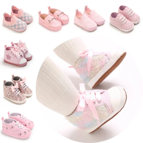 Sweet Cute PINK Baby Shoes Girls Casual Sneakers Newborn First Walker Toddler Soft Sole Non-Slip Walking Shoes